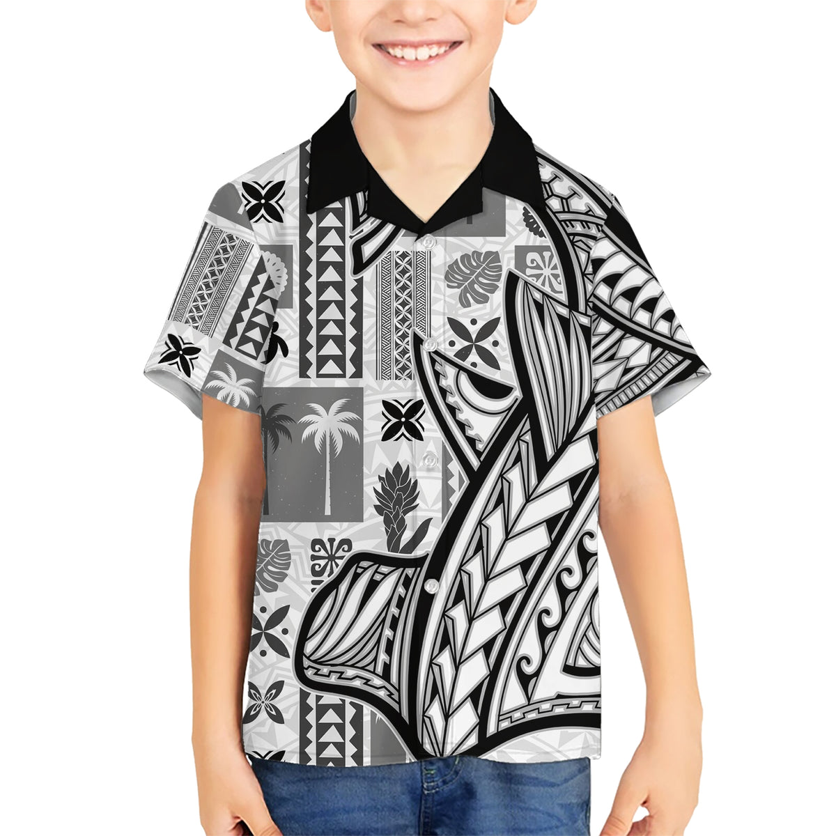 Samoa Tapa Family Matching Short Sleeve Bodycon Dress and Hawaiian Shirt Siapo Mix Tatau Patterns - White - Wonder Print Shop