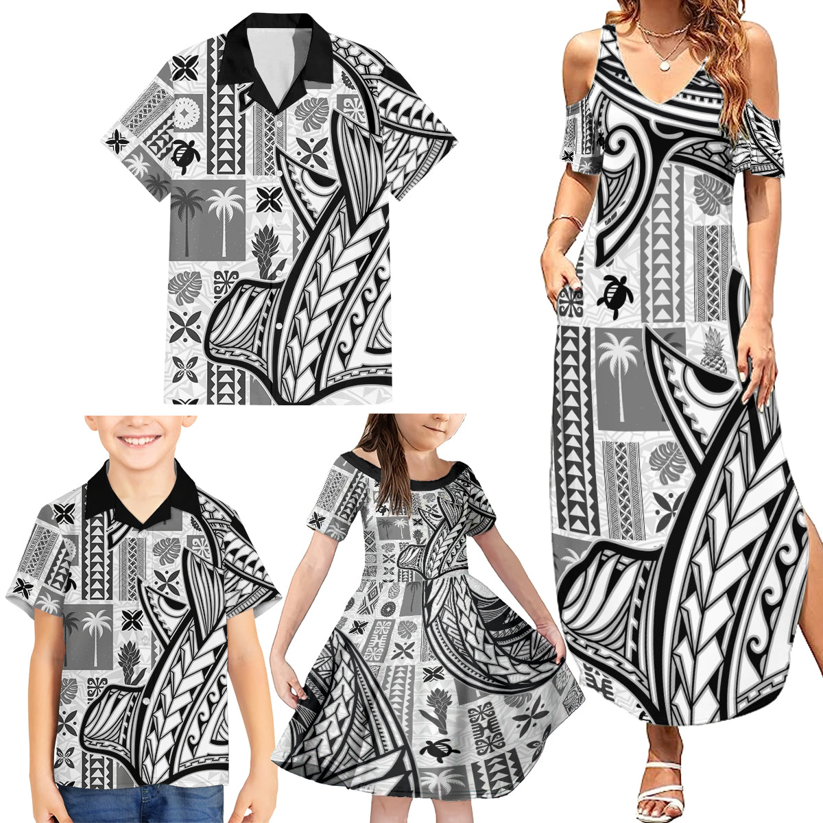 Samoa Tapa Family Matching Summer Maxi Dress and Hawaiian Shirt Siapo Mix Tatau Patterns - White - Wonder Print Shop