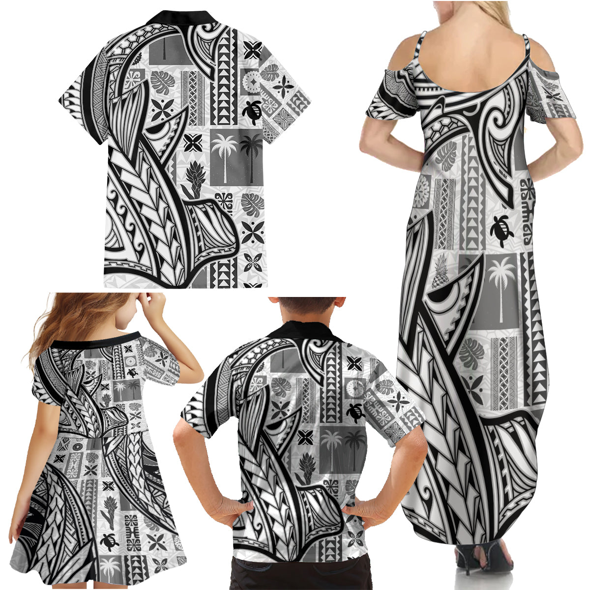 Samoa Tapa Family Matching Summer Maxi Dress and Hawaiian Shirt Siapo Mix Tatau Patterns - White - Wonder Print Shop