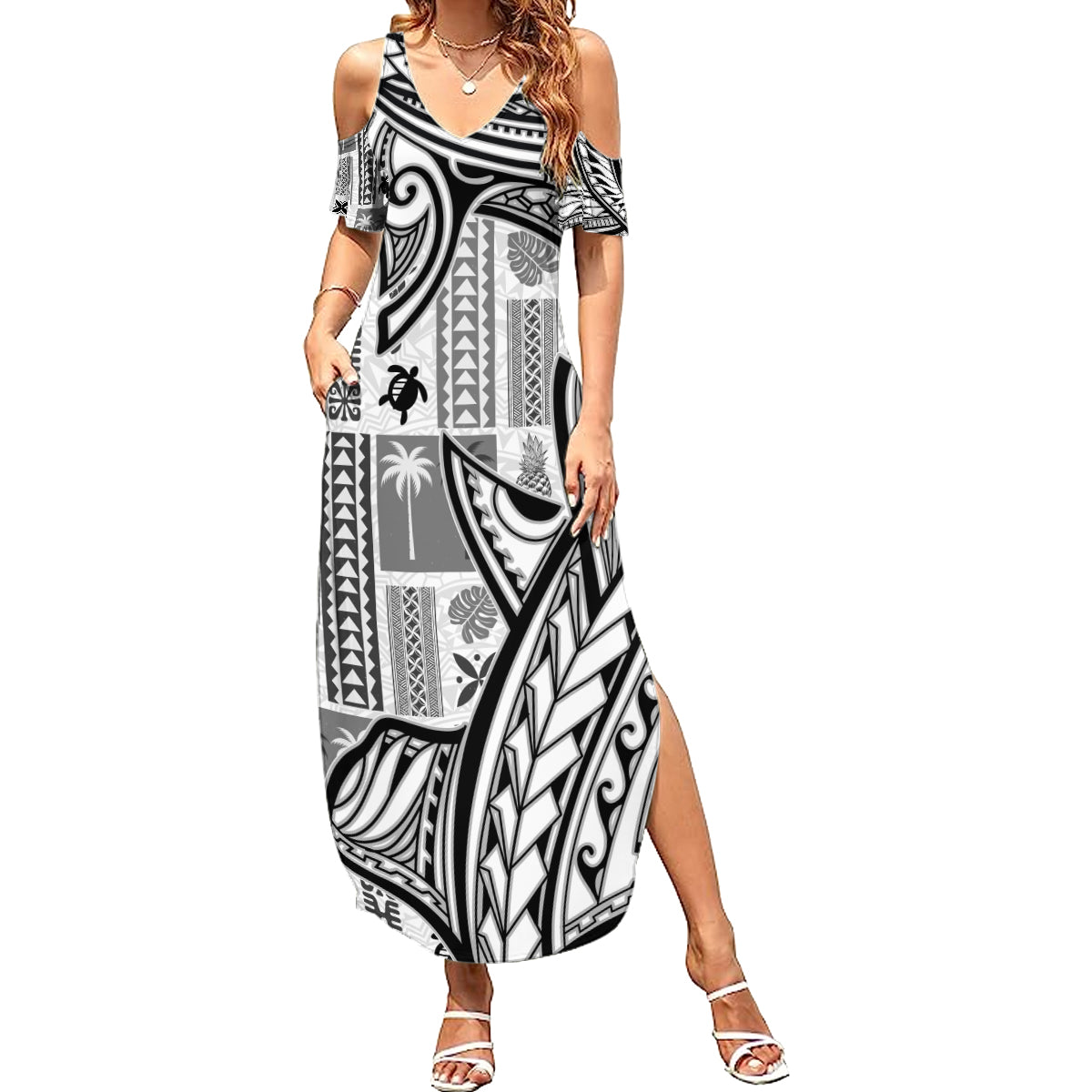 Samoa Tapa Family Matching Summer Maxi Dress and Hawaiian Shirt Siapo Mix Tatau Patterns - White - Wonder Print Shop