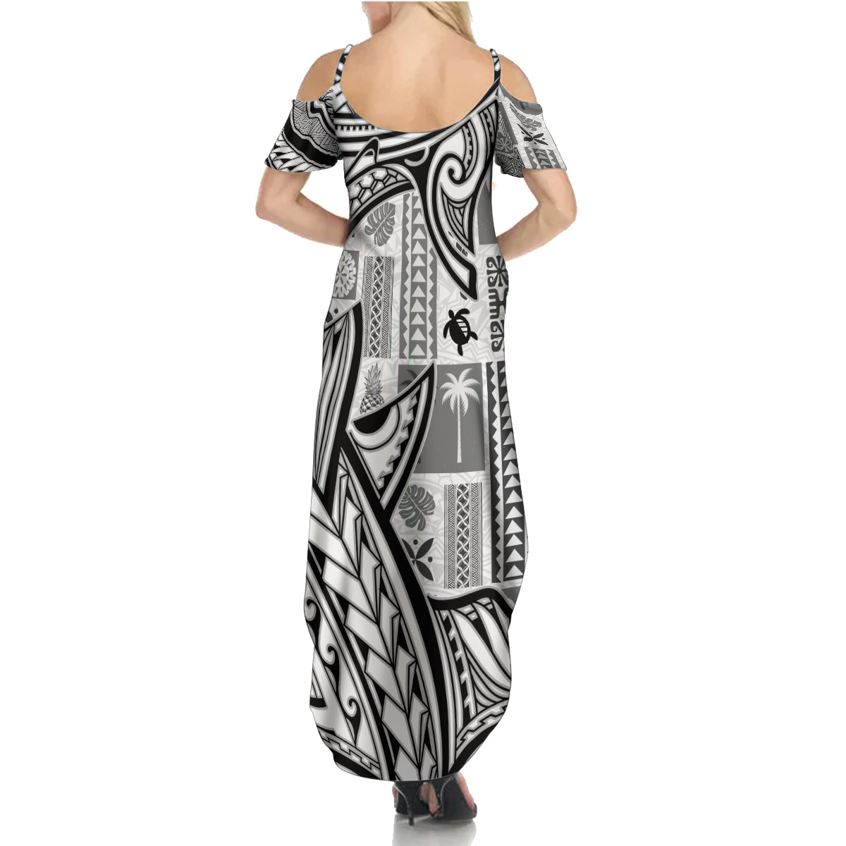 Samoa Tapa Family Matching Summer Maxi Dress and Hawaiian Shirt Siapo Mix Tatau Patterns - White - Wonder Print Shop