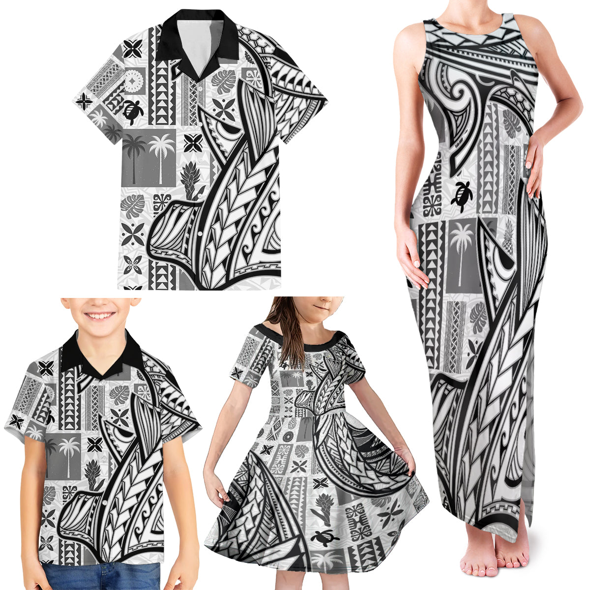 Samoa Tapa Family Matching Tank Maxi Dress and Hawaiian Shirt Siapo Mix Tatau Patterns - White - Wonder Print Shop