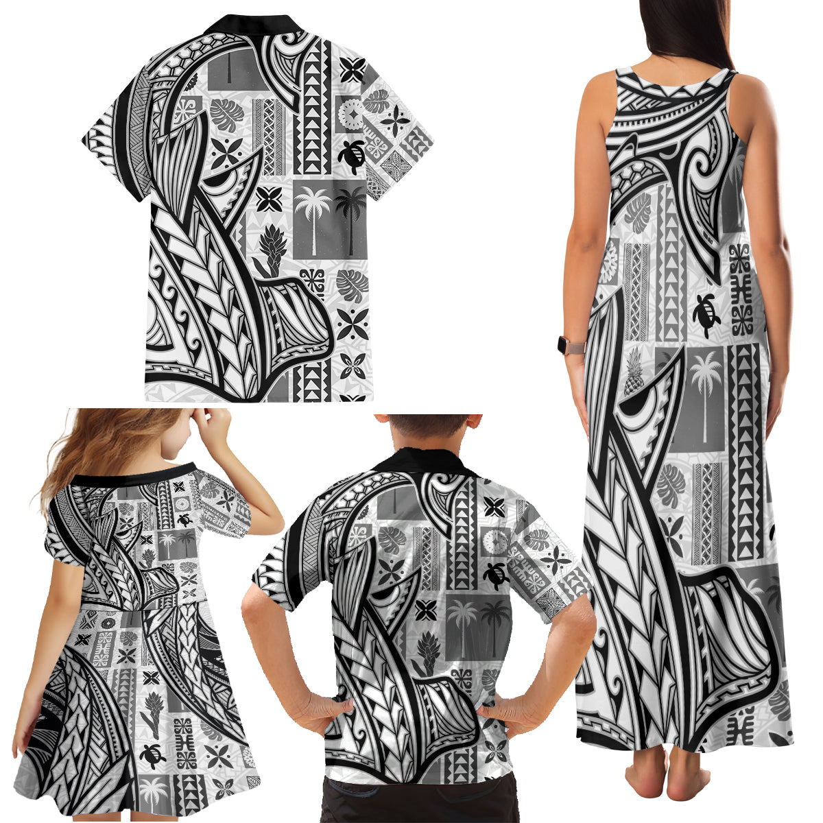 Samoa Tapa Family Matching Tank Maxi Dress and Hawaiian Shirt Siapo Mix Tatau Patterns - White - Wonder Print Shop