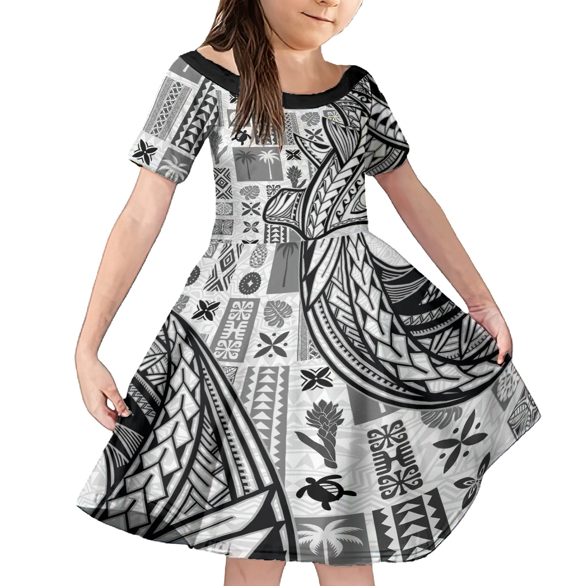 Samoa Tapa Kid Short Sleeve Dress Siapo Mix Tatau Patterns - White - Wonder Print Shop