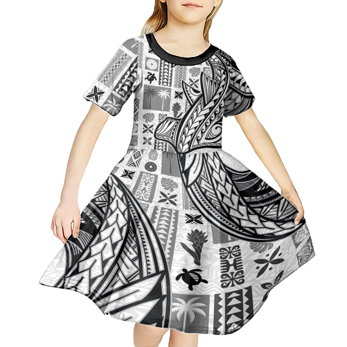 Samoa Tapa Kid Short Sleeve Dress Siapo Mix Tatau Patterns - White - Wonder Print Shop
