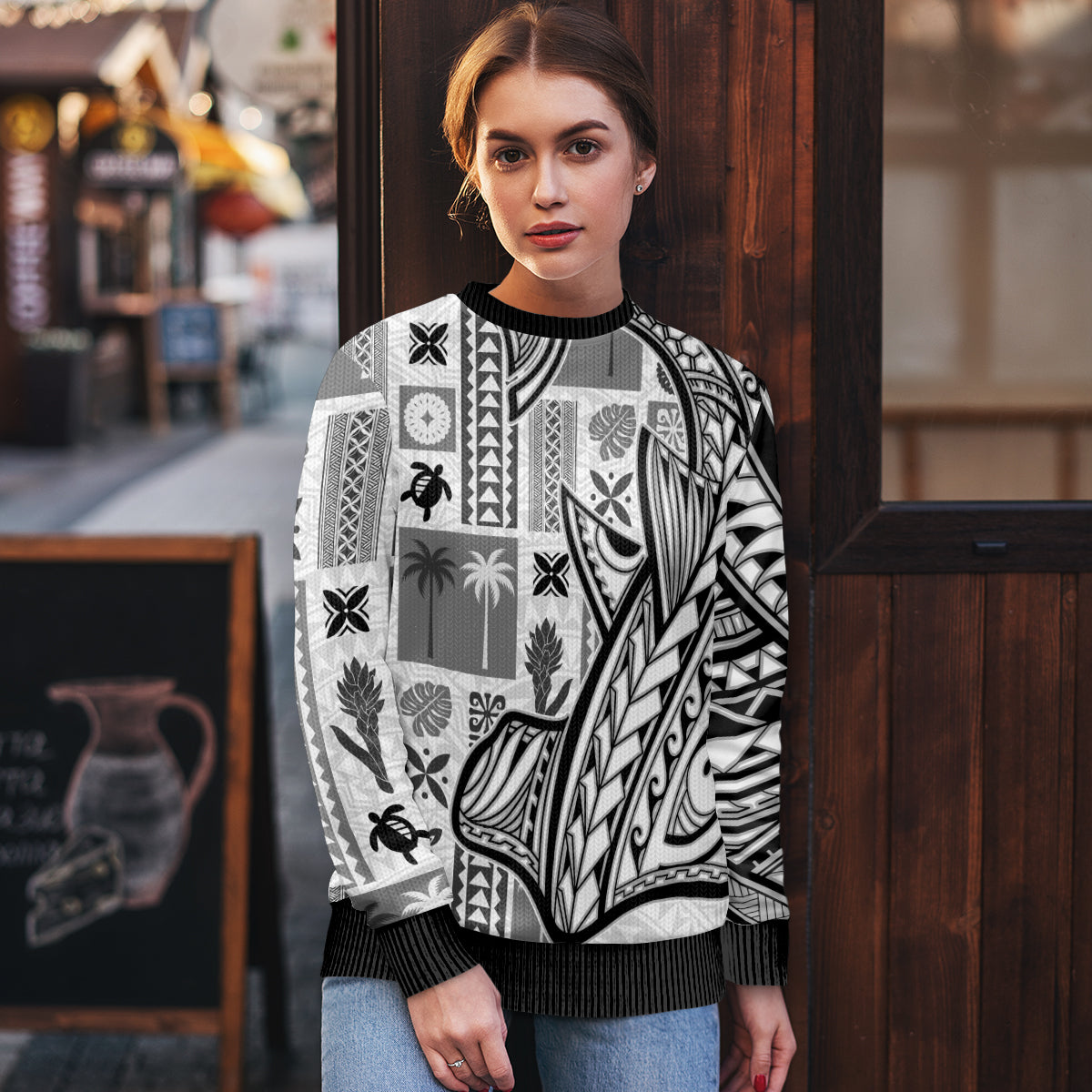 Samoa Tapa Ugly Christmas Sweater Siapo Mix Tatau Patterns - White - Wonder Print Shop