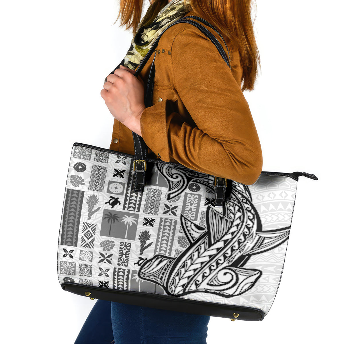 Samoa Tapa Leather Tote Bag Siapo Mix Tatau Patterns - White - Wonder Print Shop