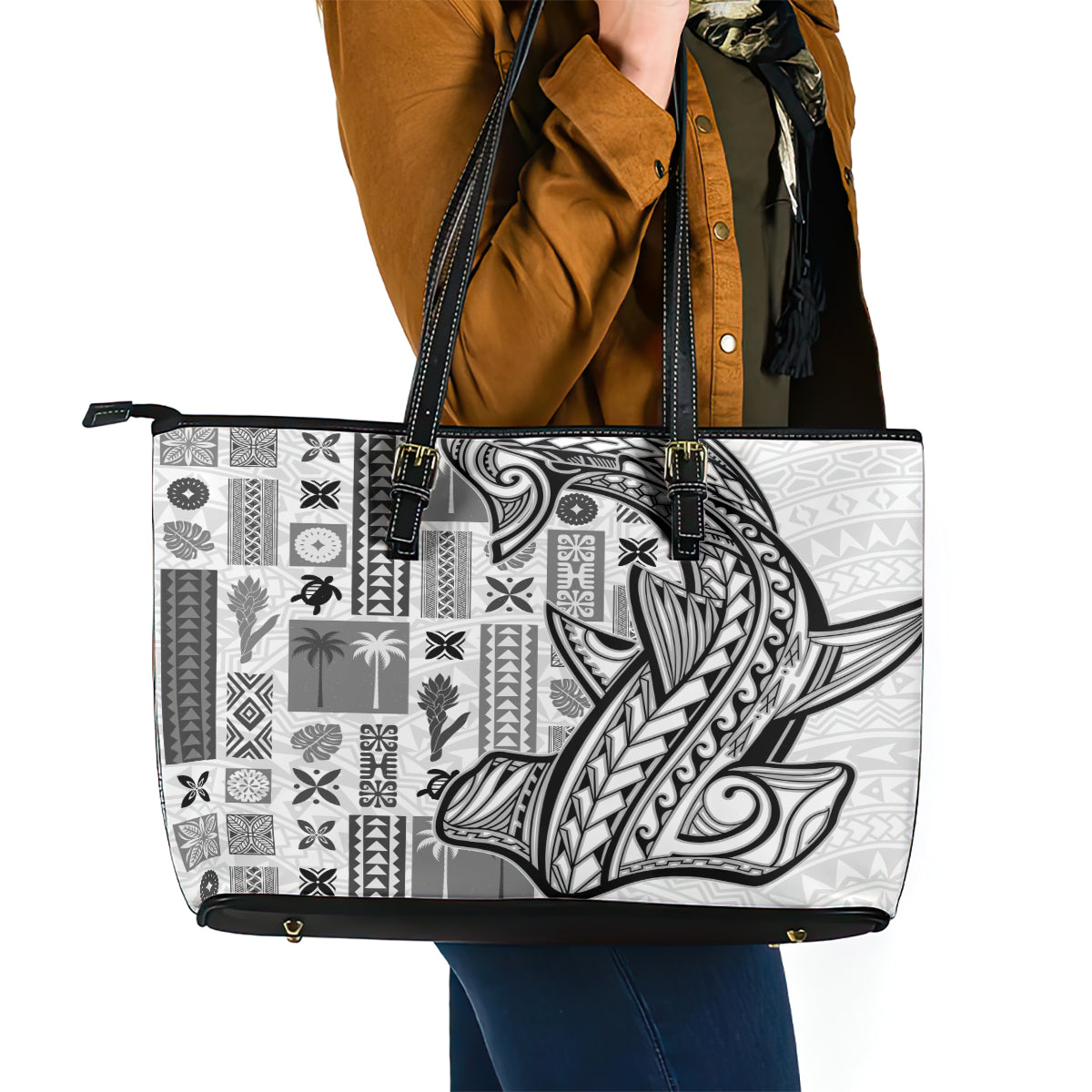 Samoa Tapa Leather Tote Bag Siapo Mix Tatau Patterns - White - Wonder Print Shop