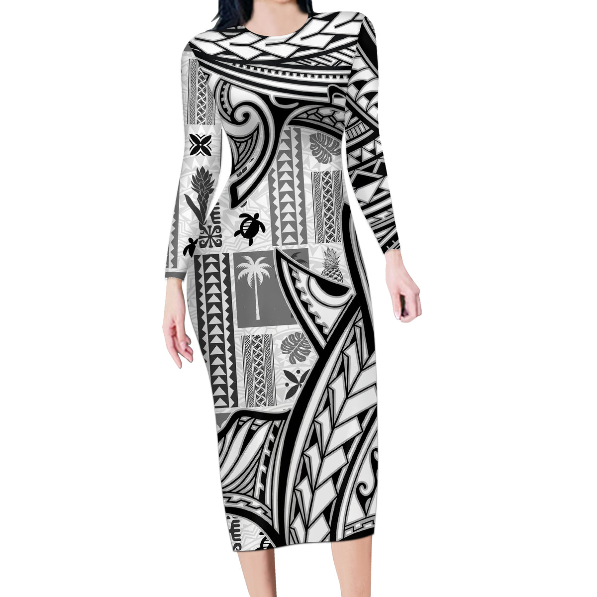 Samoa Tapa Long Sleeve Bodycon Dress Siapo Mix Tatau Patterns - White - Wonder Print Shop