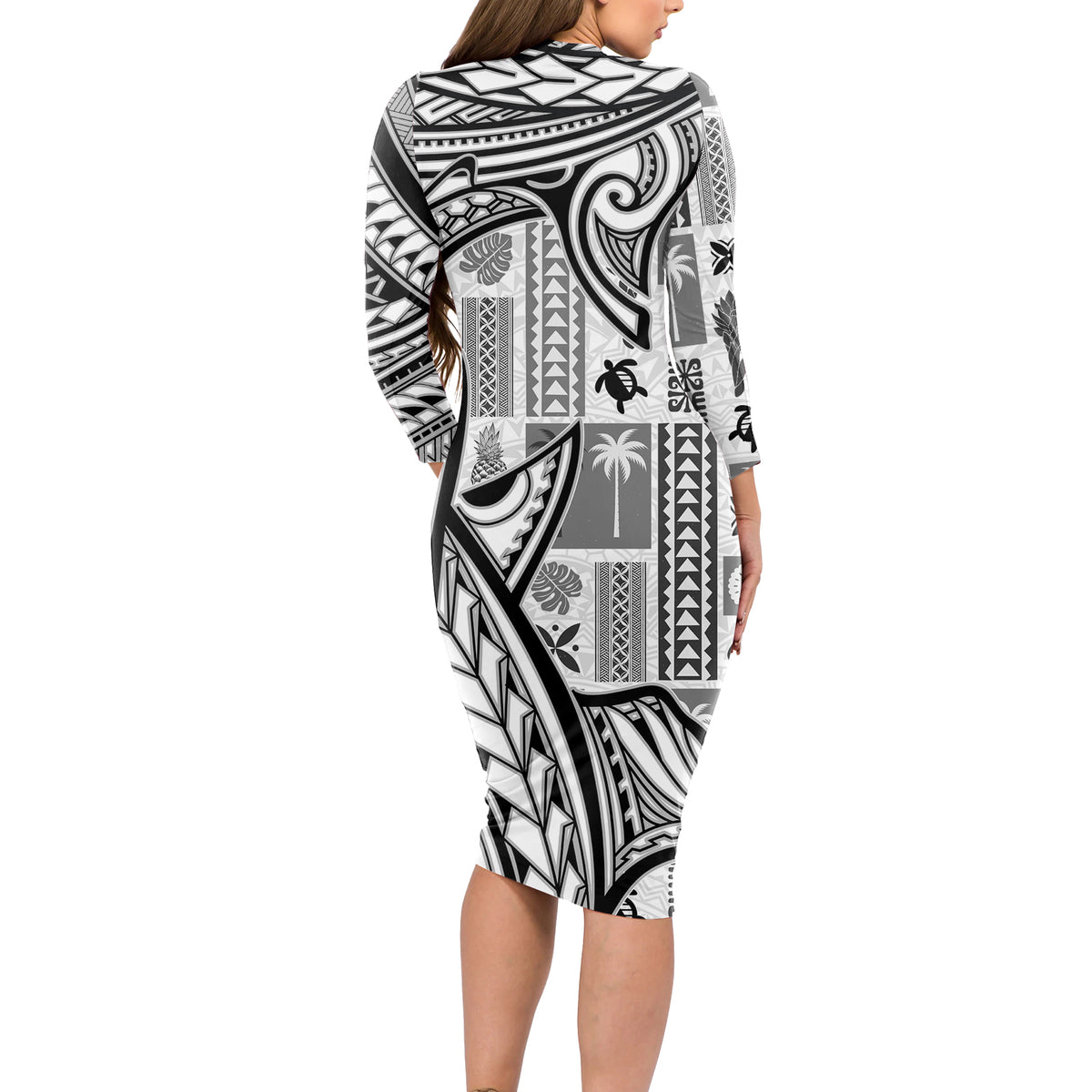 Samoa Tapa Long Sleeve Bodycon Dress Siapo Mix Tatau Patterns - White - Wonder Print Shop