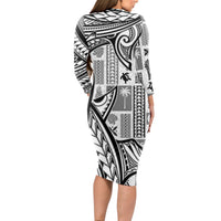 Samoa Tapa Long Sleeve Bodycon Dress Siapo Mix Tatau Patterns - White - Wonder Print Shop