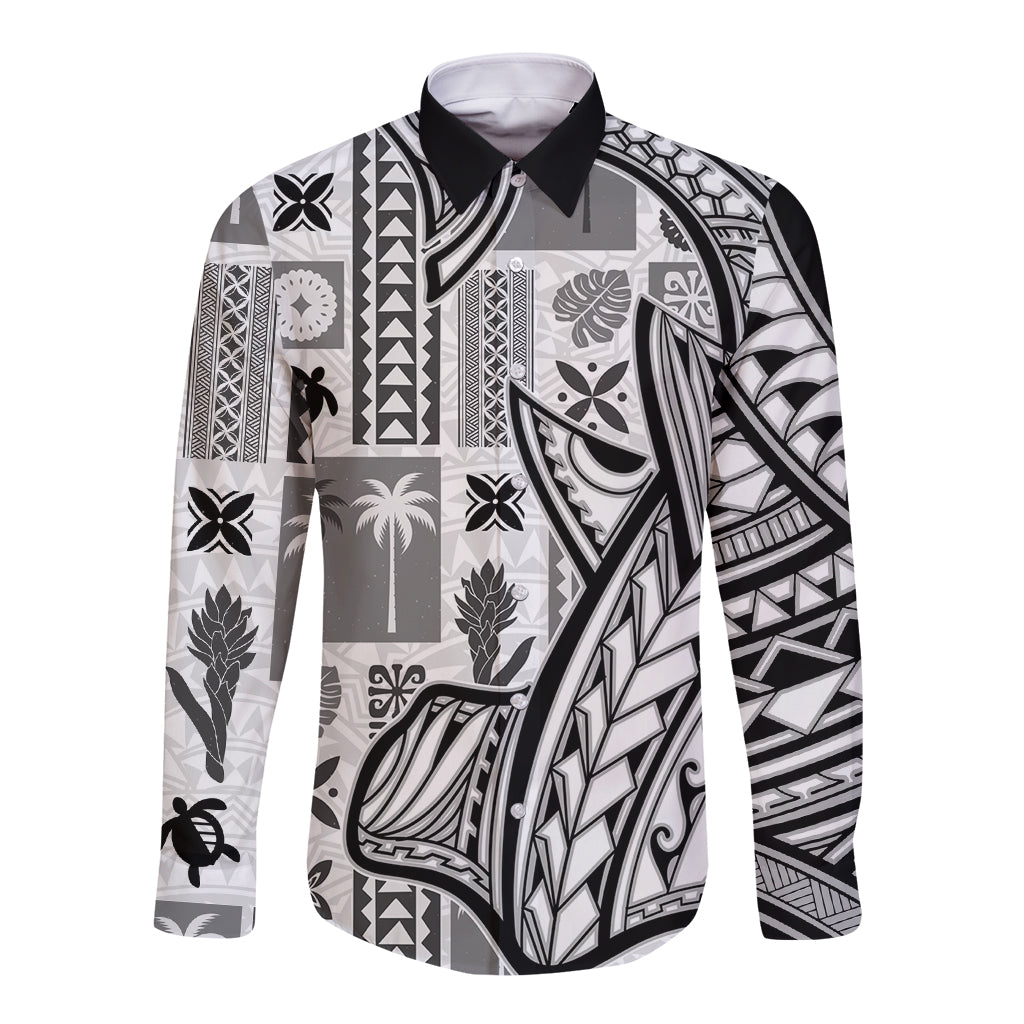 Samoa Tapa Long Sleeve Button Shirt Siapo Mix Tatau Patterns - White - Wonder Print Shop
