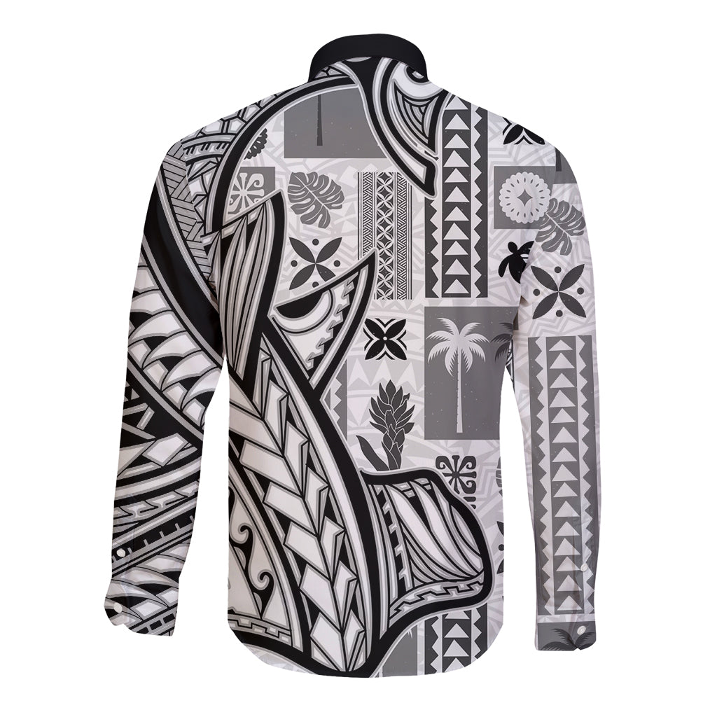 Samoa Tapa Long Sleeve Button Shirt Siapo Mix Tatau Patterns - White - Wonder Print Shop