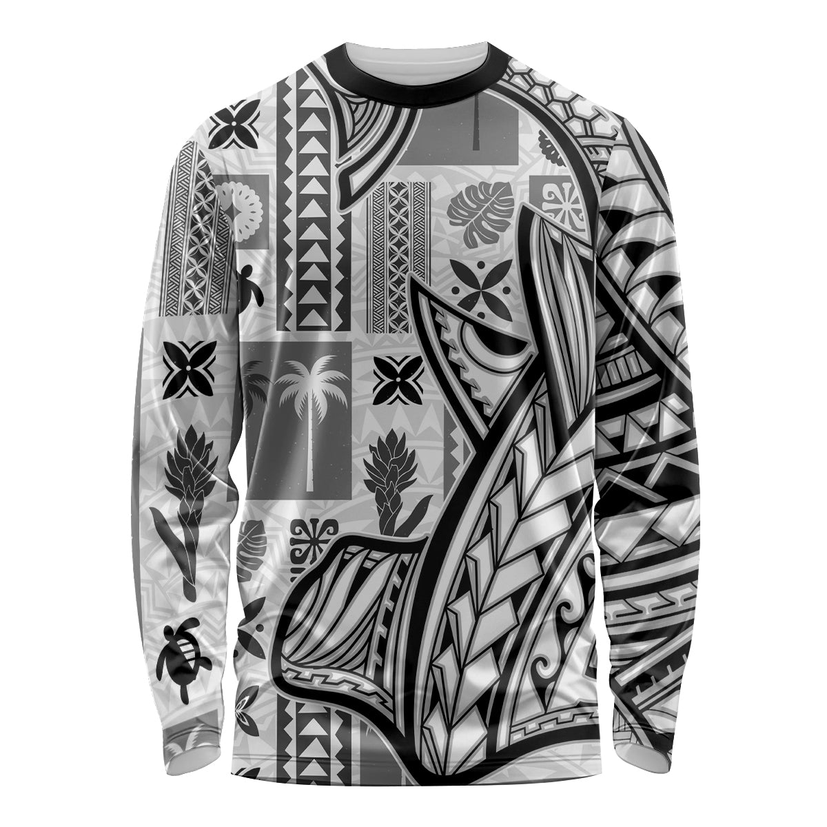 Samoa Tapa Long Sleeve Shirt Siapo Mix Tatau Patterns - White - Wonder Print Shop