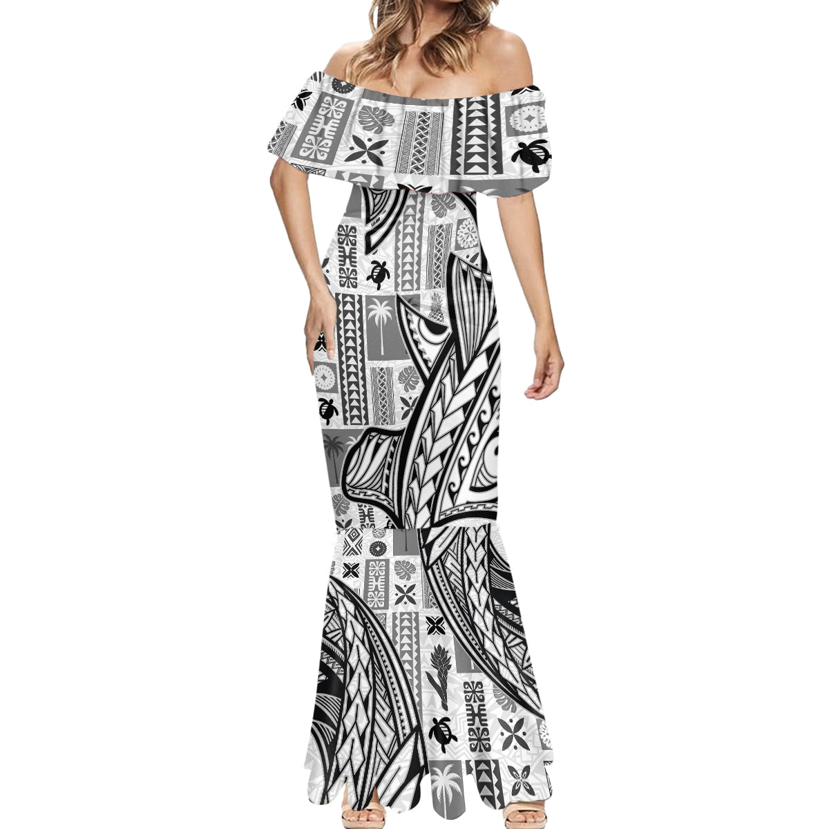 Samoa Tapa Mermaid Dress Siapo Mix Tatau Patterns - White - Wonder Print Shop