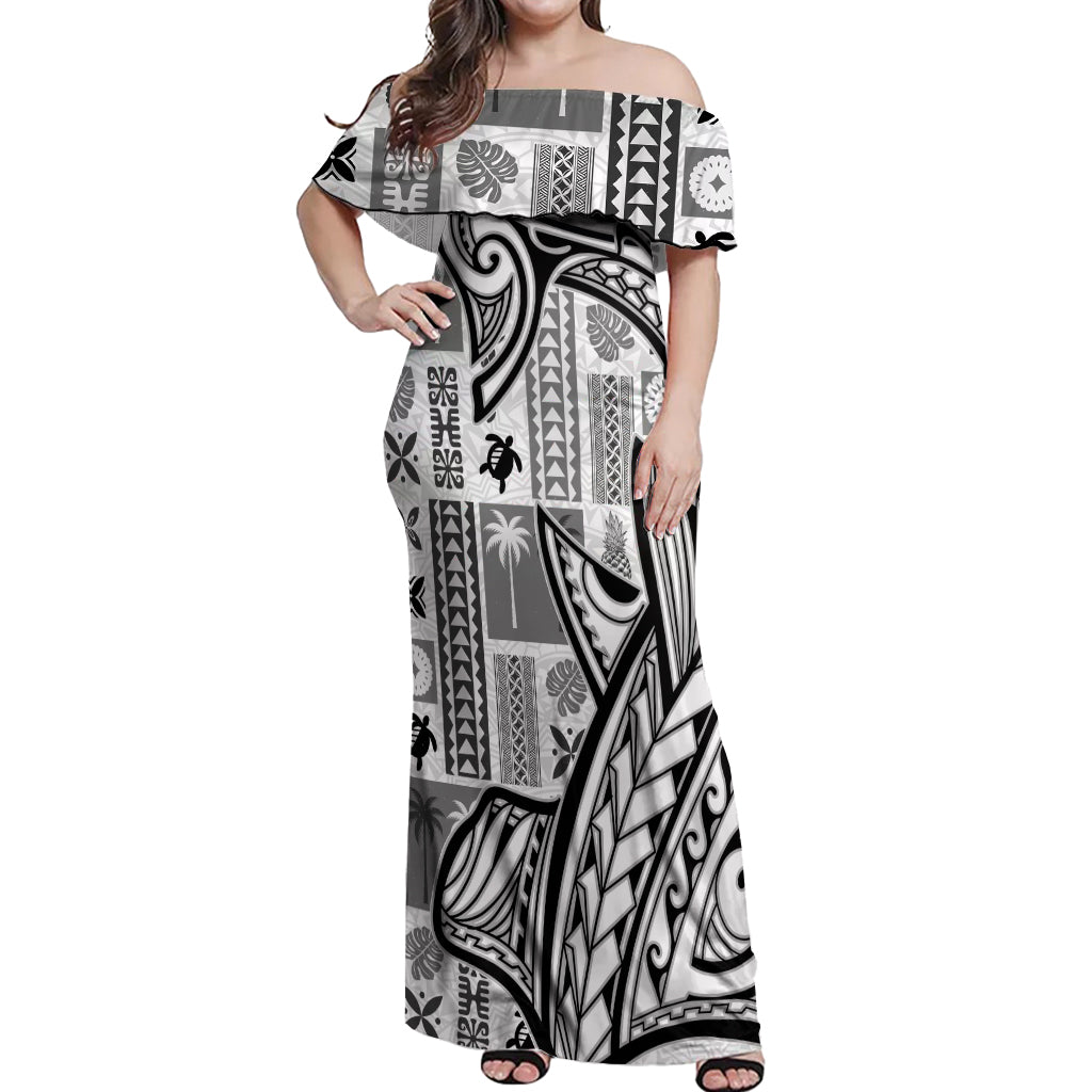 Samoa Tapa Off Shoulder Maxi Dress Siapo Mix Tatau Patterns - White - Wonder Print Shop