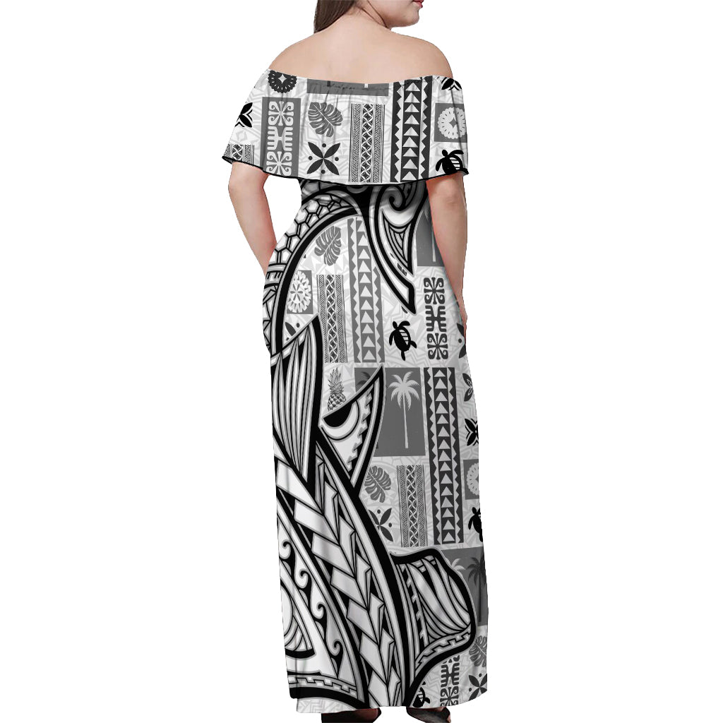 Samoa Tapa Off Shoulder Maxi Dress Siapo Mix Tatau Patterns - White - Wonder Print Shop