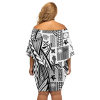 Samoa Tapa Off Shoulder Short Dress Siapo Mix Tatau Patterns - White - Wonder Print Shop