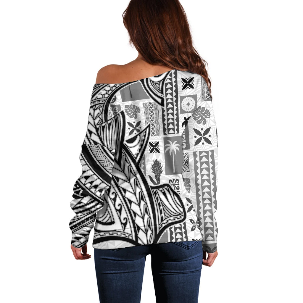 Samoa Tapa Off Shoulder Sweater Siapo Mix Tatau Patterns - White - Wonder Print Shop
