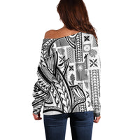 Samoa Tapa Off Shoulder Sweater Siapo Mix Tatau Patterns - White - Wonder Print Shop