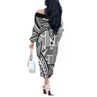 Samoa Tapa Off The Shoulder Long Sleeve Dress Siapo Mix Tatau Patterns - White - Wonder Print Shop