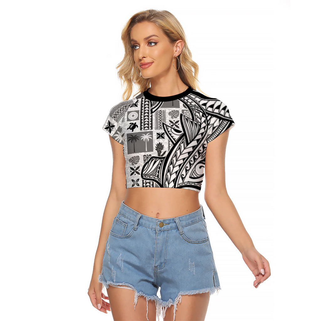 Samoa Tapa Raglan Cropped T Shirt Siapo Mix Tatau Patterns - White - Wonder Print Shop