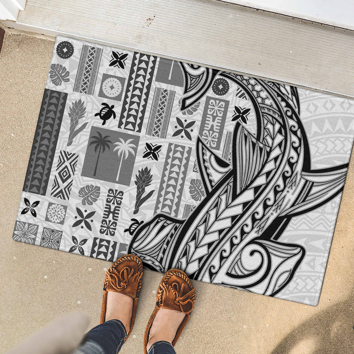 Samoa Tapa Rubber Doormat Siapo Mix Tatau Patterns - White - Wonder Print Shop