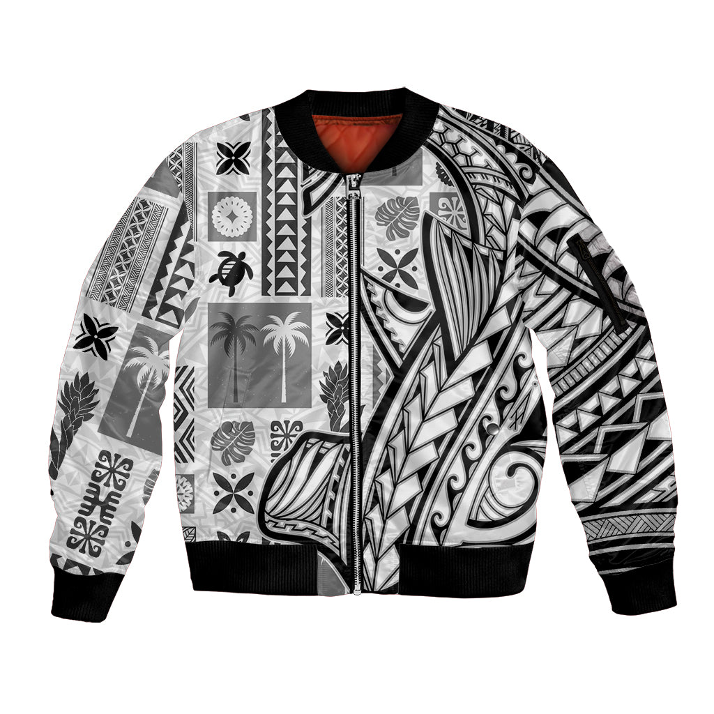 Samoa Tapa Sleeve Zip Bomber Jacket Siapo Mix Tatau Patterns - White - Wonder Print Shop