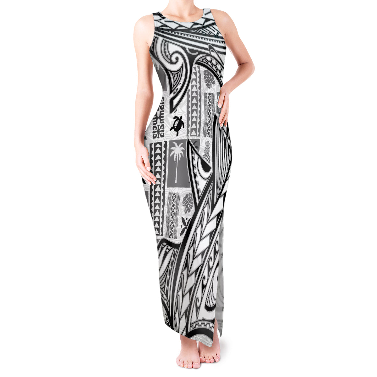 Samoa Tapa Tank Maxi Dress Siapo Mix Tatau Patterns - White - Wonder Print Shop