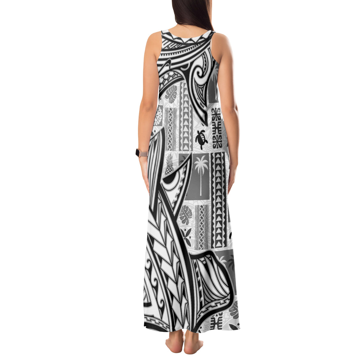 Samoa Tapa Tank Maxi Dress Siapo Mix Tatau Patterns - White - Wonder Print Shop