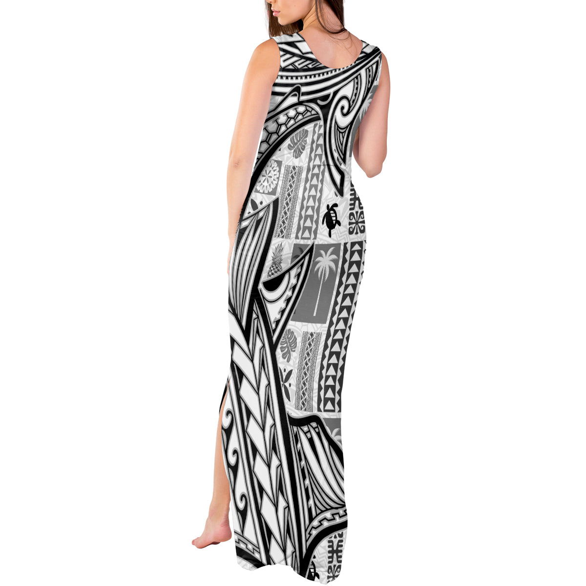 Samoa Tapa Tank Maxi Dress Siapo Mix Tatau Patterns - White - Wonder Print Shop