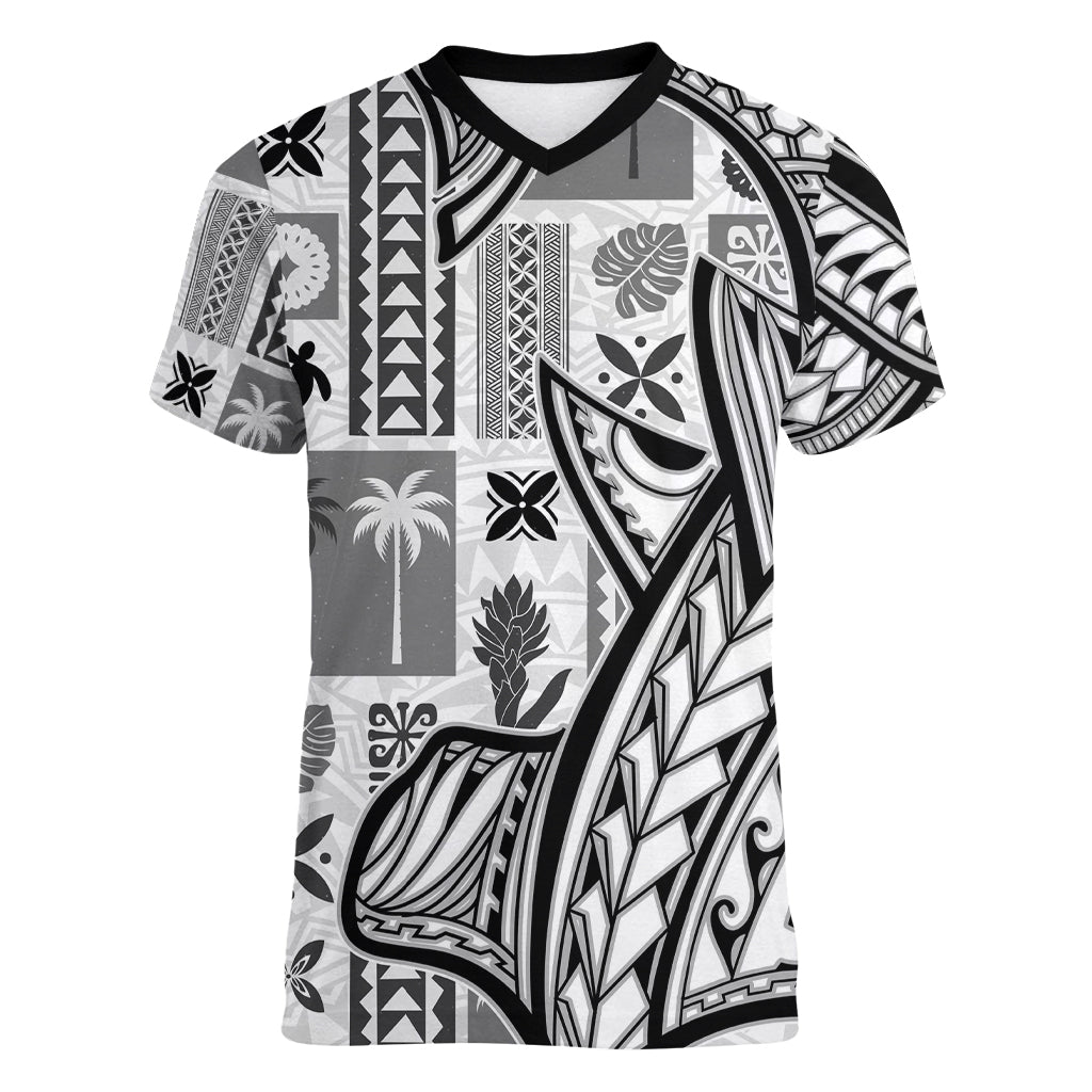 Samoa Tapa Women V Neck T Shirt Siapo Mix Tatau Patterns - White - Wonder Print Shop