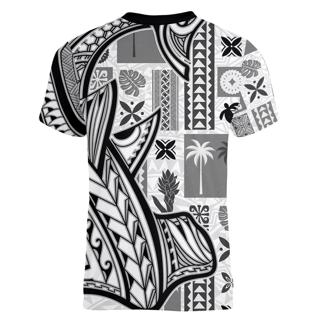 Samoa Tapa Women V Neck T Shirt Siapo Mix Tatau Patterns - White - Wonder Print Shop