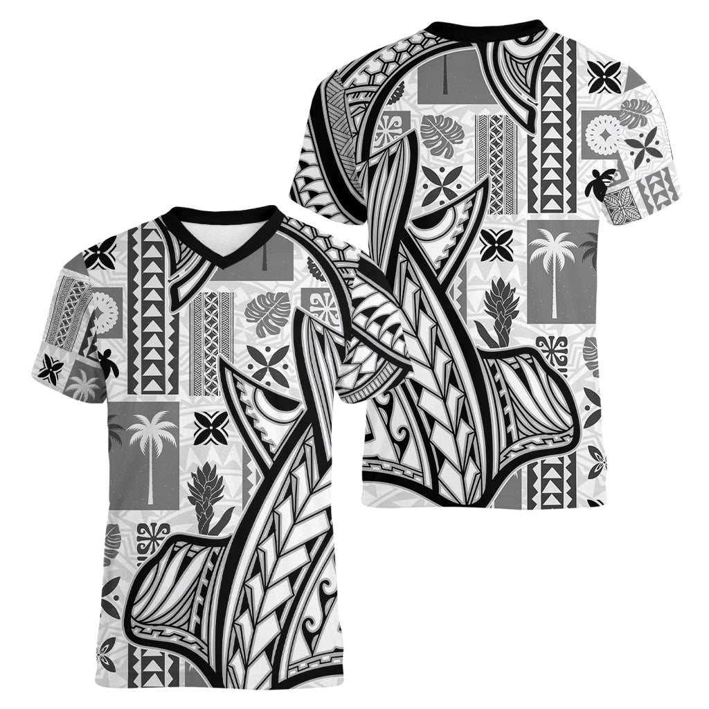 Samoa Tapa Women V Neck T Shirt Siapo Mix Tatau Patterns - White - Wonder Print Shop