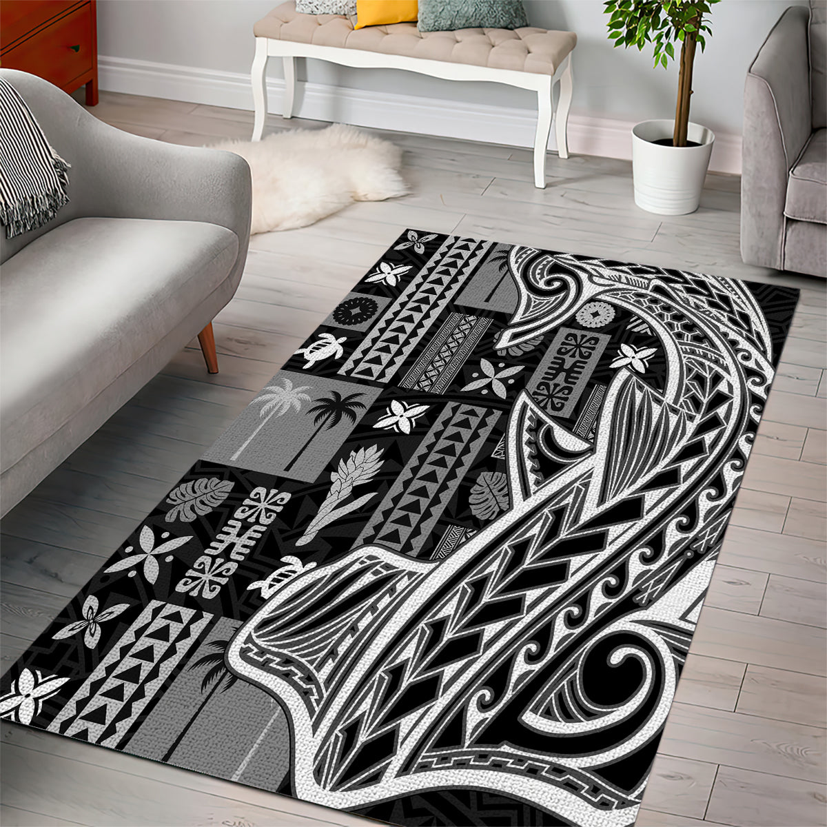 Samoa Tapa Area Rug Siapo Mix Tatau Patterns - Black LT7 - Wonder Print Shop