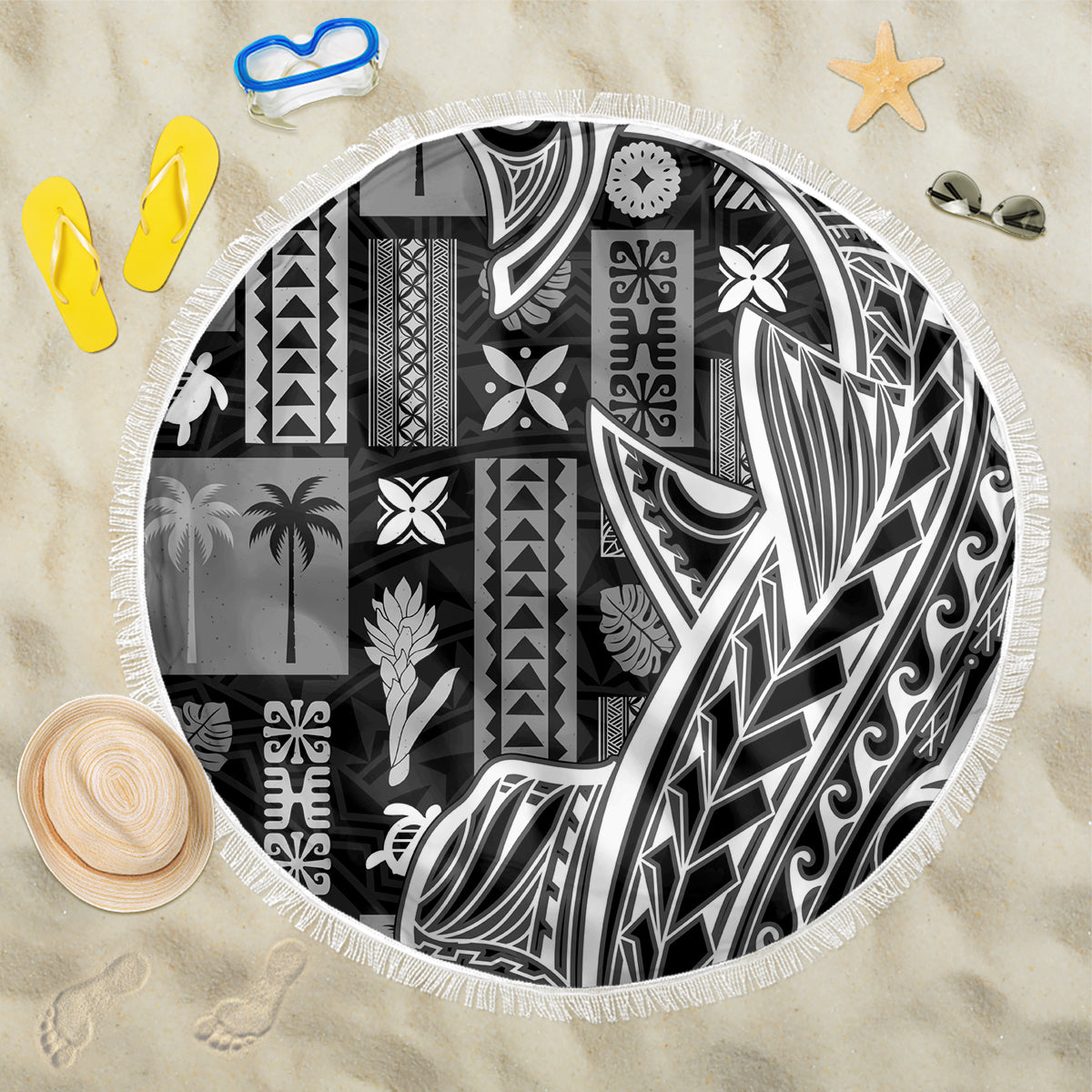 Samoa Tapa Beach Blanket Siapo Mix Tatau Patterns - Black LT7 - Wonder Print Shop
