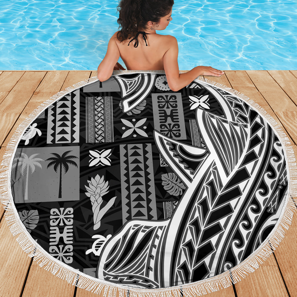 Samoa Tapa Beach Blanket Siapo Mix Tatau Patterns - Black LT7 - Wonder Print Shop