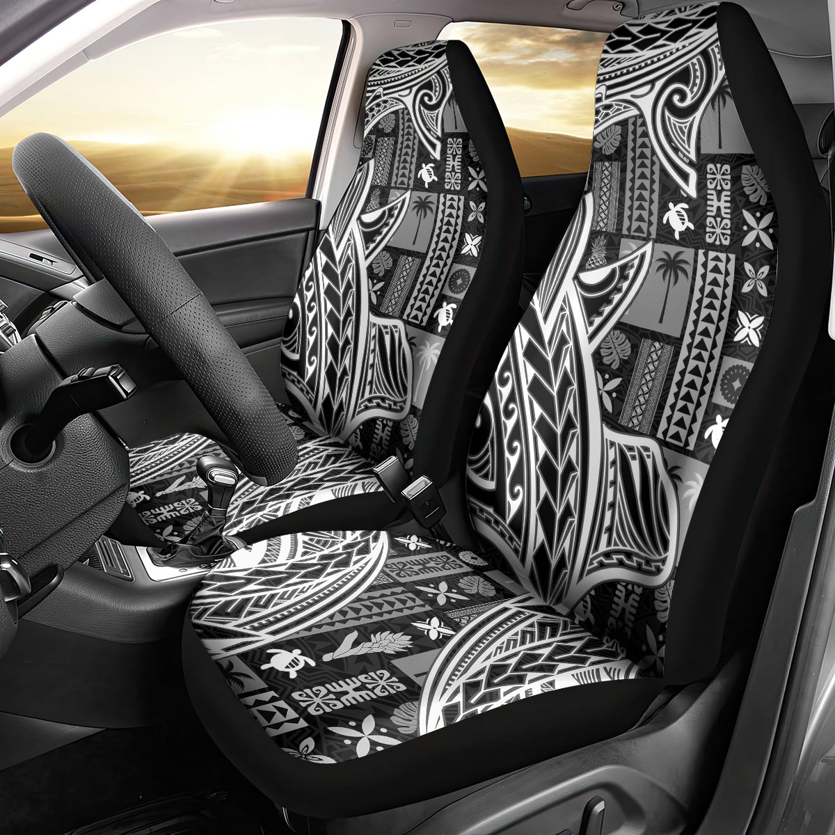 Samoa Tapa Car Seat Cover Siapo Mix Tatau Patterns - Black LT7 - Wonder Print Shop