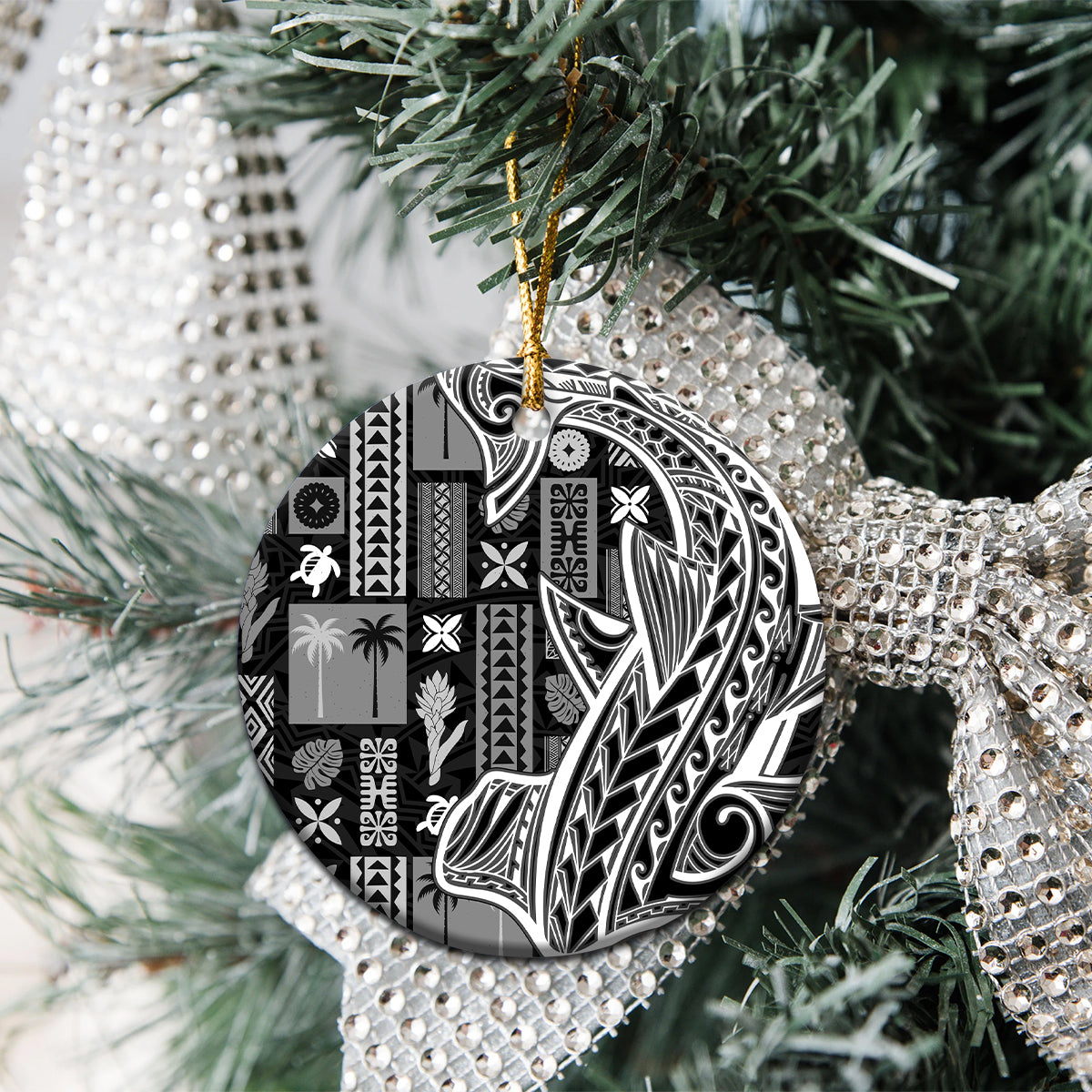 Samoa Tapa Ceramic Ornament Siapo Mix Tatau Patterns - Black LT7 - Wonder Print Shop