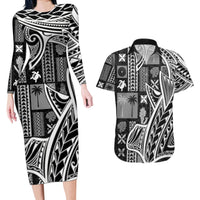 Samoa Tapa Couples Matching Long Sleeve Bodycon Dress and Hawaiian Shirt Siapo Mix Tatau Patterns - Black LT7 - Wonder Print Shop