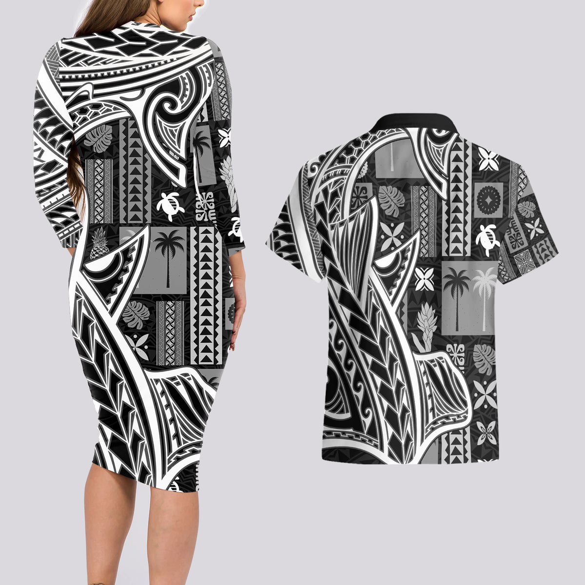 Samoa Tapa Couples Matching Long Sleeve Bodycon Dress and Hawaiian Shirt Siapo Mix Tatau Patterns - Black LT7 - Wonder Print Shop