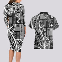 Samoa Tapa Couples Matching Long Sleeve Bodycon Dress and Hawaiian Shirt Siapo Mix Tatau Patterns - Black LT7 - Wonder Print Shop