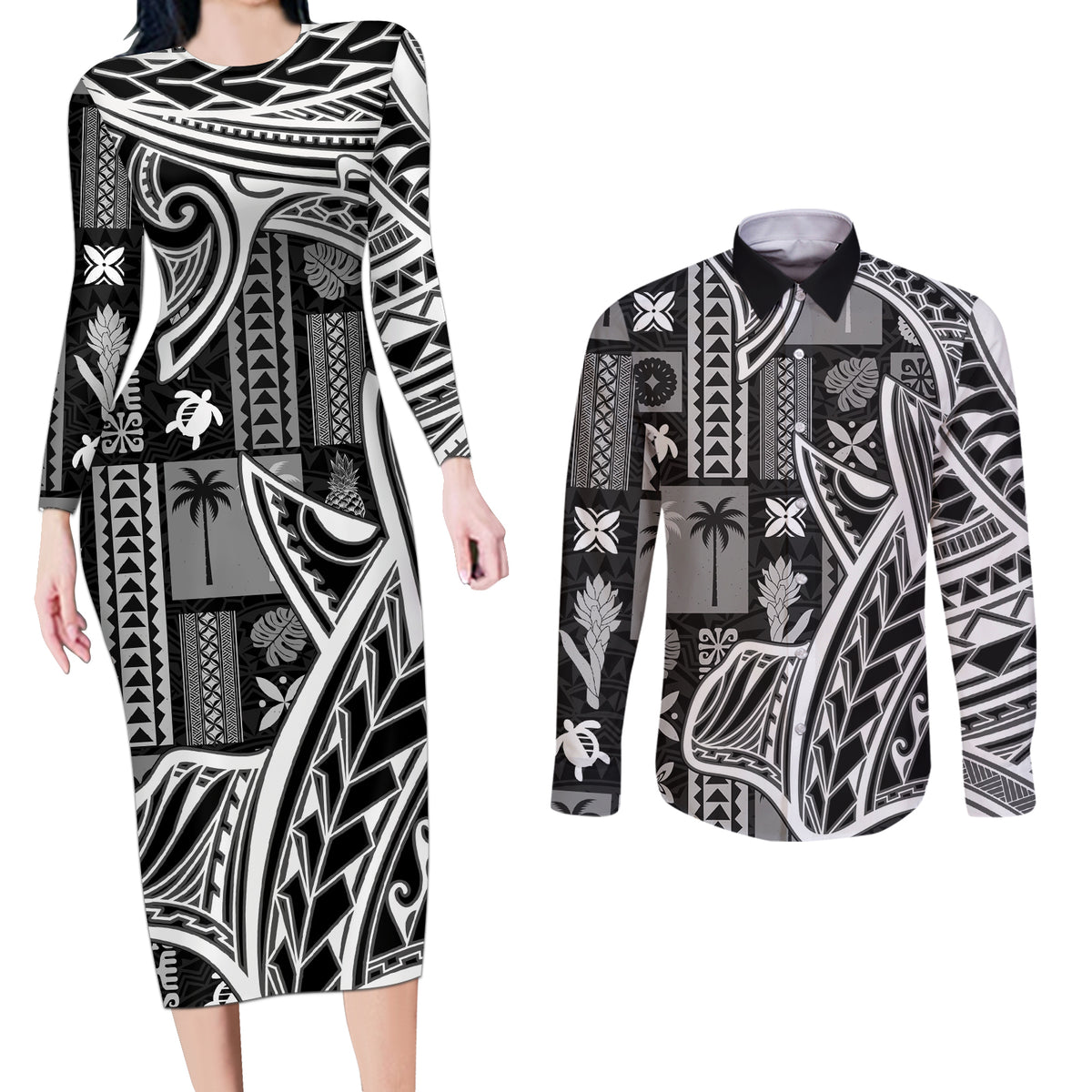 Samoa Tapa Couples Matching Long Sleeve Bodycon Dress and Long Sleeve Button Shirt Siapo Mix Tatau Patterns - Black LT7 - Wonder Print Shop