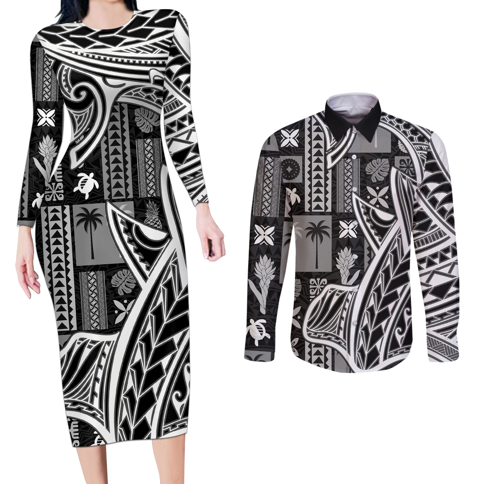 Samoa Tapa Couples Matching Long Sleeve Bodycon Dress and Long Sleeve Button Shirt Siapo Mix Tatau Patterns - Black LT7 - Wonder Print Shop
