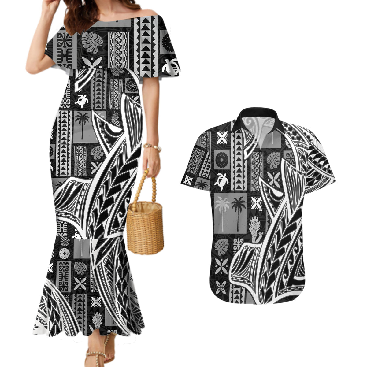 Samoa Tapa Couples Matching Mermaid Dress and Hawaiian Shirt Siapo Mix Tatau Patterns - Black LT7 - Wonder Print Shop