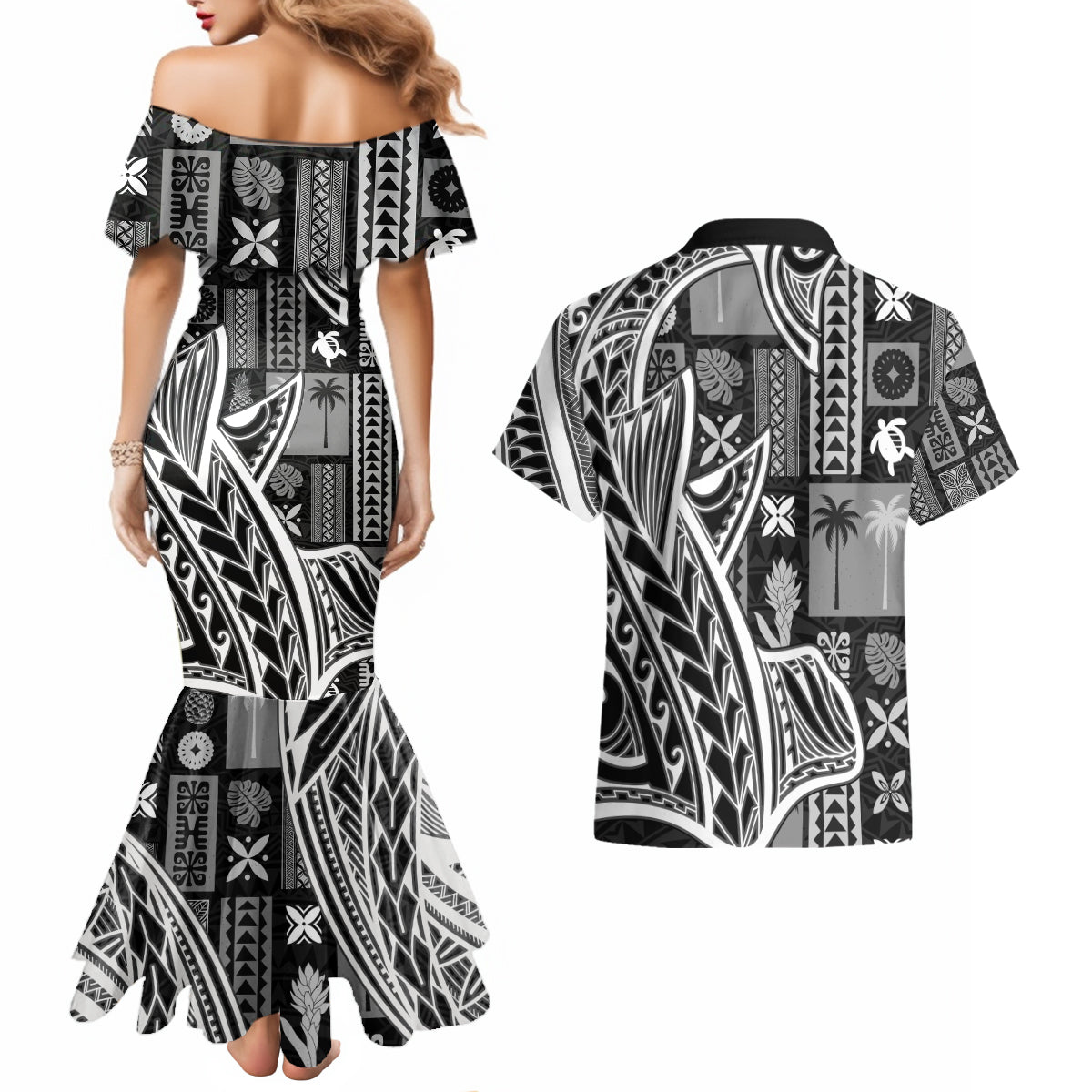 Samoa Tapa Couples Matching Mermaid Dress and Hawaiian Shirt Siapo Mix Tatau Patterns - Black LT7 - Wonder Print Shop