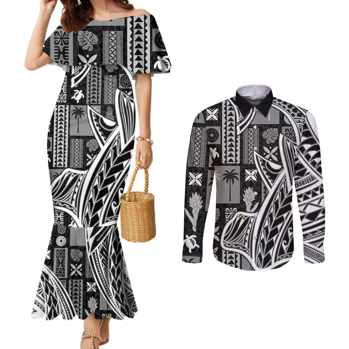 samoa-tapa-couples-matching-mermaid-dress-and-long-sleeve-button-shirt-siapo-mix-tatau-patterns-black
