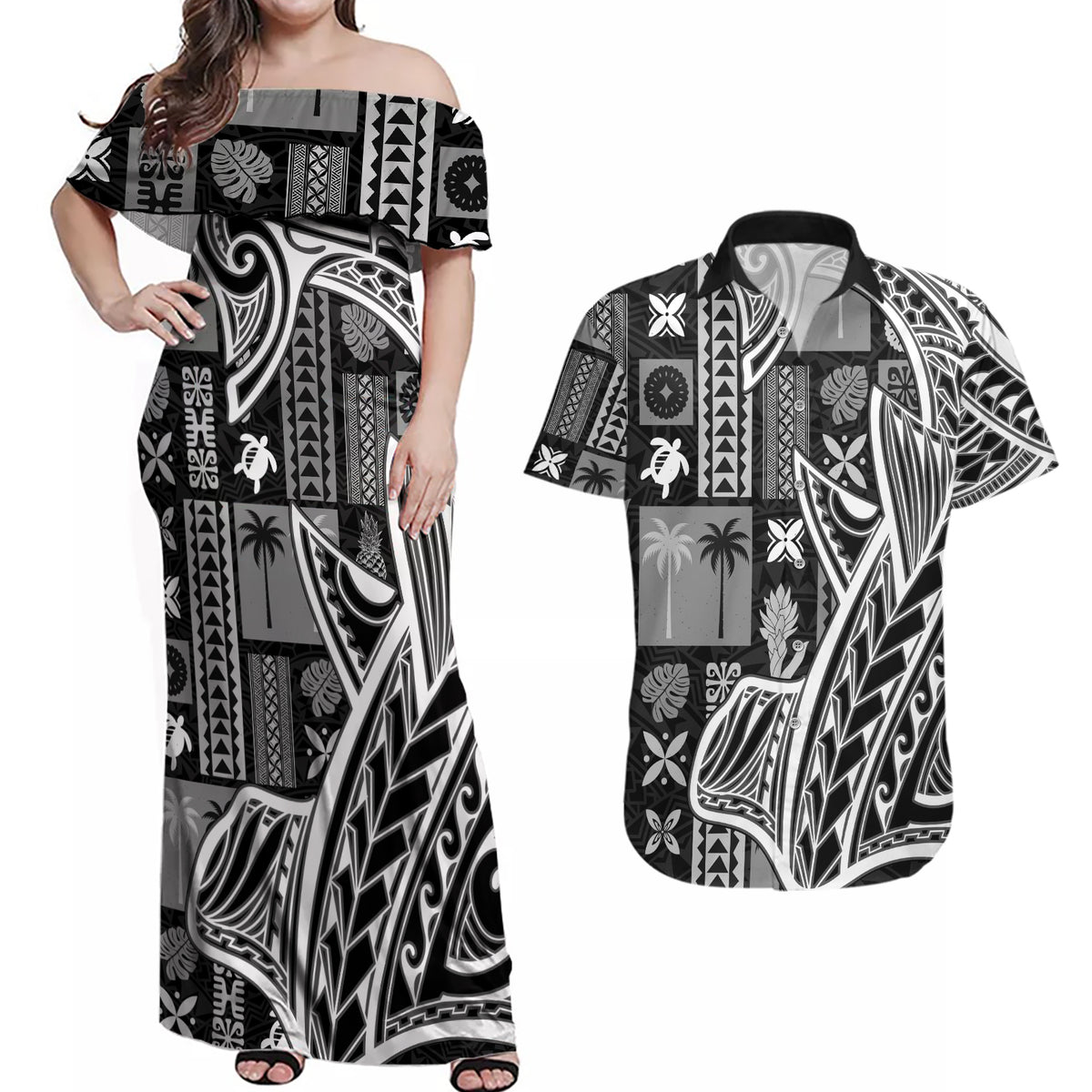 Samoa Tapa Couples Matching Off Shoulder Maxi Dress and Hawaiian Shirt Siapo Mix Tatau Patterns - Black LT7 - Wonder Print Shop
