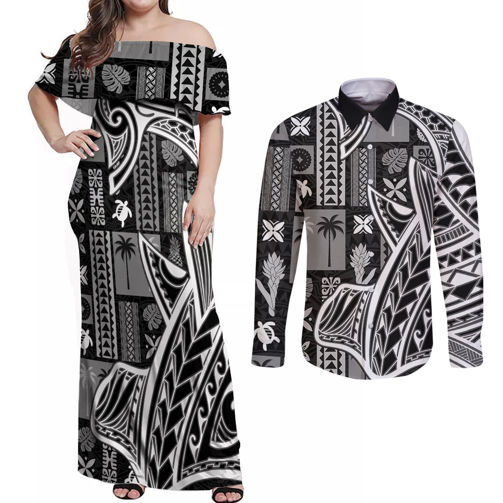 Samoa Tapa Couples Matching Off Shoulder Maxi Dress and Long Sleeve Button Shirt Siapo Mix Tatau Patterns - Black LT7 - Wonder Print Shop