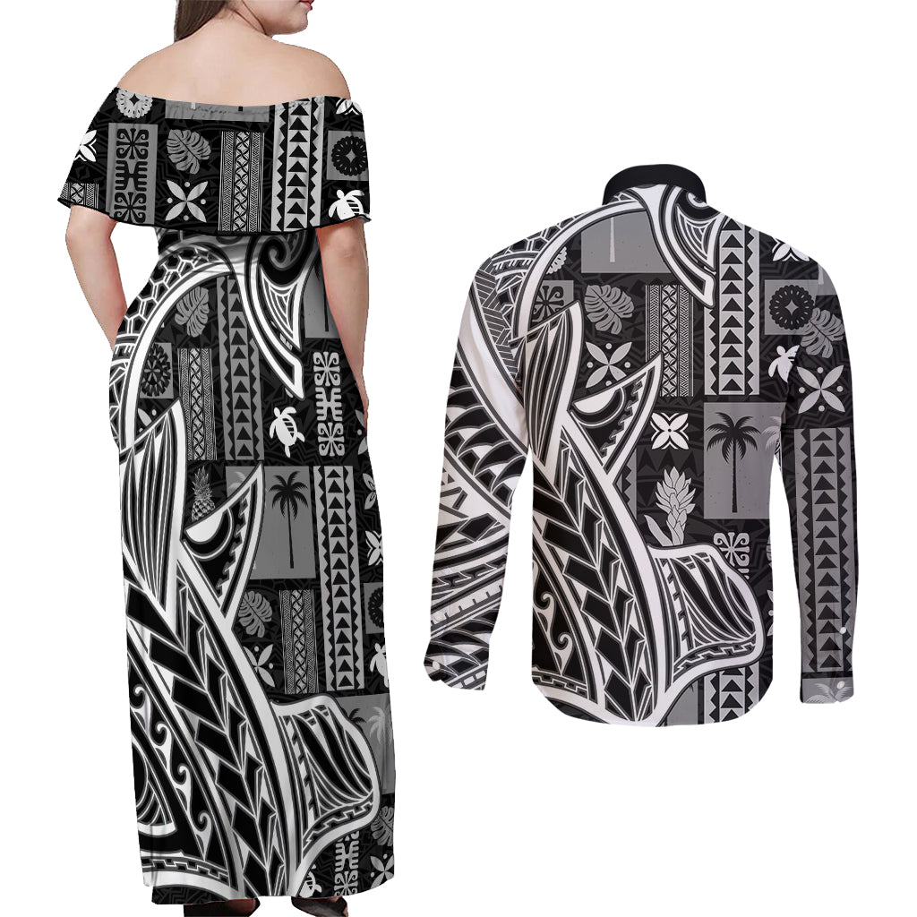 Samoa Tapa Couples Matching Off Shoulder Maxi Dress and Long Sleeve Button Shirt Siapo Mix Tatau Patterns - Black LT7 - Wonder Print Shop